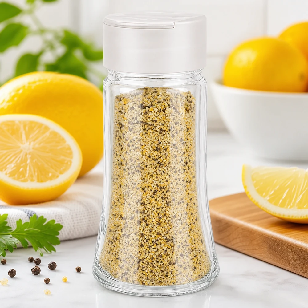 Dóza na sůl/koření 95 ml s dvojitým šejkrem bílá Transparentes Gewürzglas 95ml mit gelbem Lemon-Pepper-Salz befüllt weißer Doppelstreuer Nahaufnahme