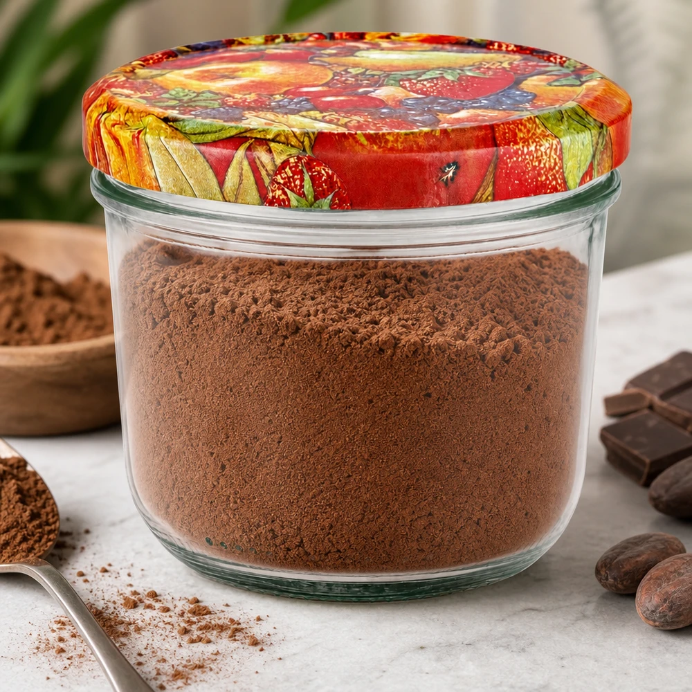 230ml kelímky + víčko BasicSeal s ovocným dekorem UNiTWIST. 230ml Sturzglas mit Kakaopulver gefüllt und buntem BasicSeal Obstdekor-Deckel umgeben von Schokolade und Kakao