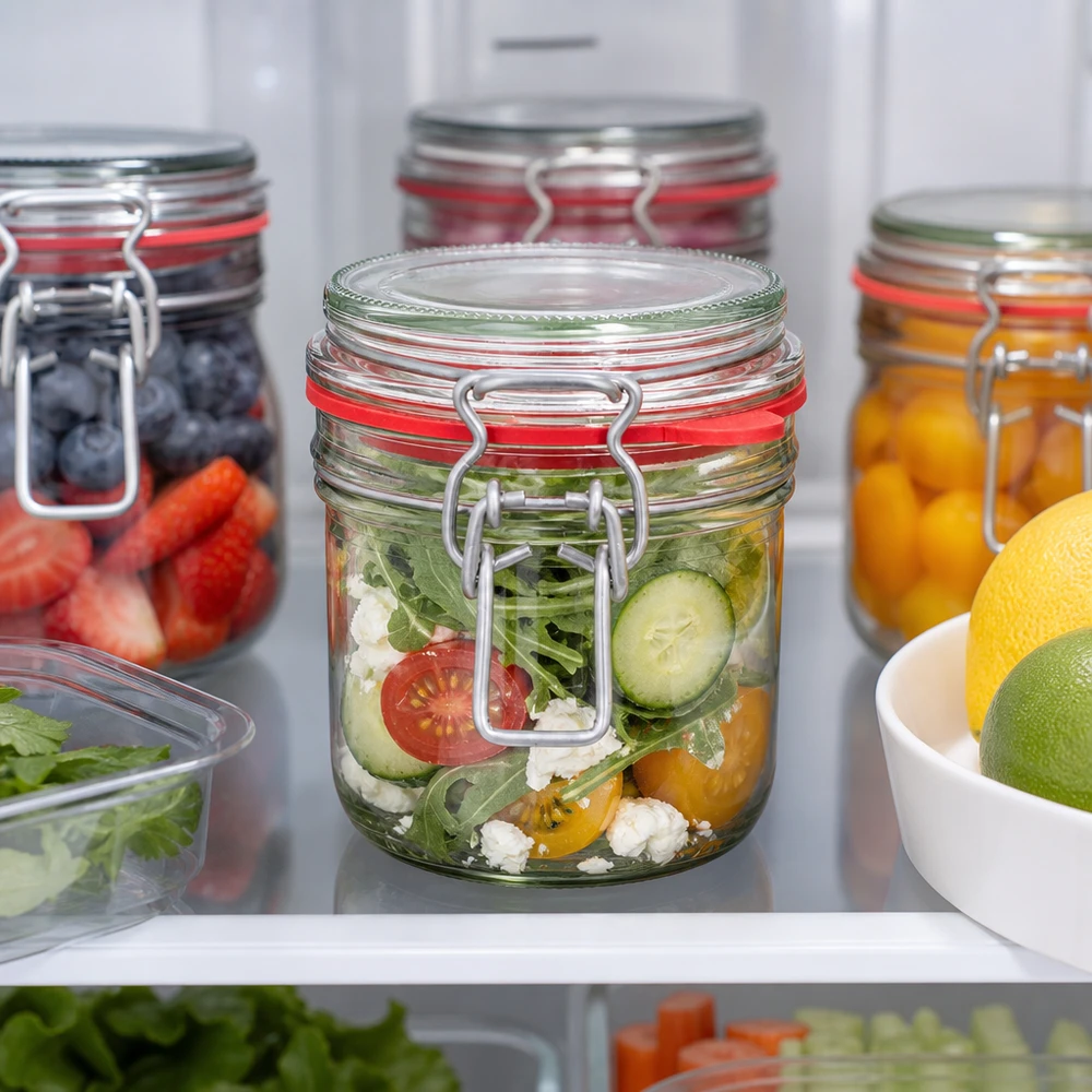 Skladovací sklenice o objemu 255 ml s gumovým kroužkem a výkyvným víčkem UNiTWIST. 255ml Vorratsglas mit Bügelverschluss im Kühlschrank mit frischem Salat gefüllt neben anderen Meal-Prep-Gläsern