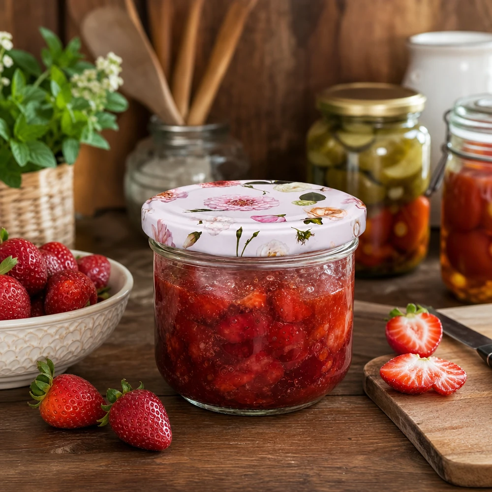 Einmachglas 260ml mit Blumendeckel gefüllt mit Erdbeermarmelade - Sturzglas für Konfitüre und Marmelade in Küche