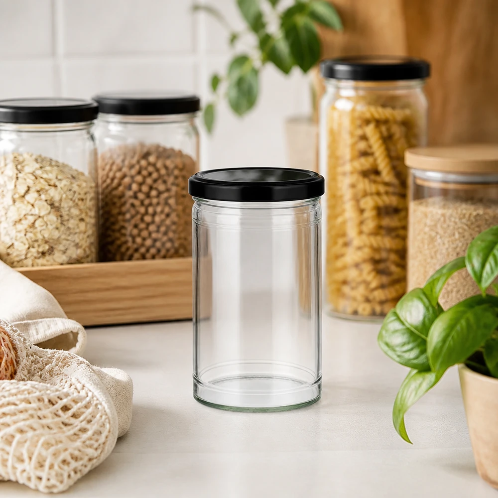 1053ml kelímky s víčkem BasicSeal černé UNiTWIST Leeres 1053ml Sturzglas mit schwarzem Deckel in Zero-Waste Küche mit Vorratsgläsern und nachhaltigen Materialien