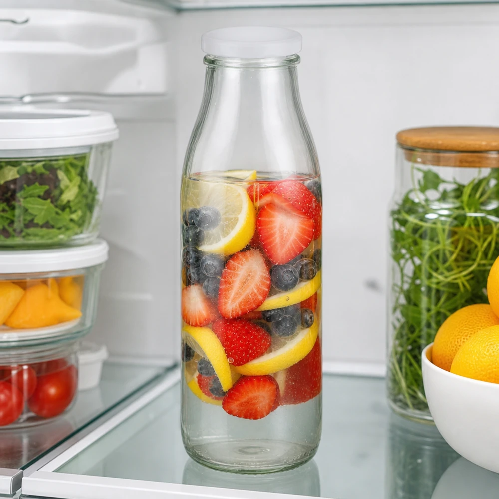 500ml skleněná láhev + víčko BasicSeal bílé UNiTWIST 500ml Glasflasche mit BasicSeal Deckel voller Beeren-Zitronen-Infused Water im Kühlschrank zwischen frischen Lebensmitte