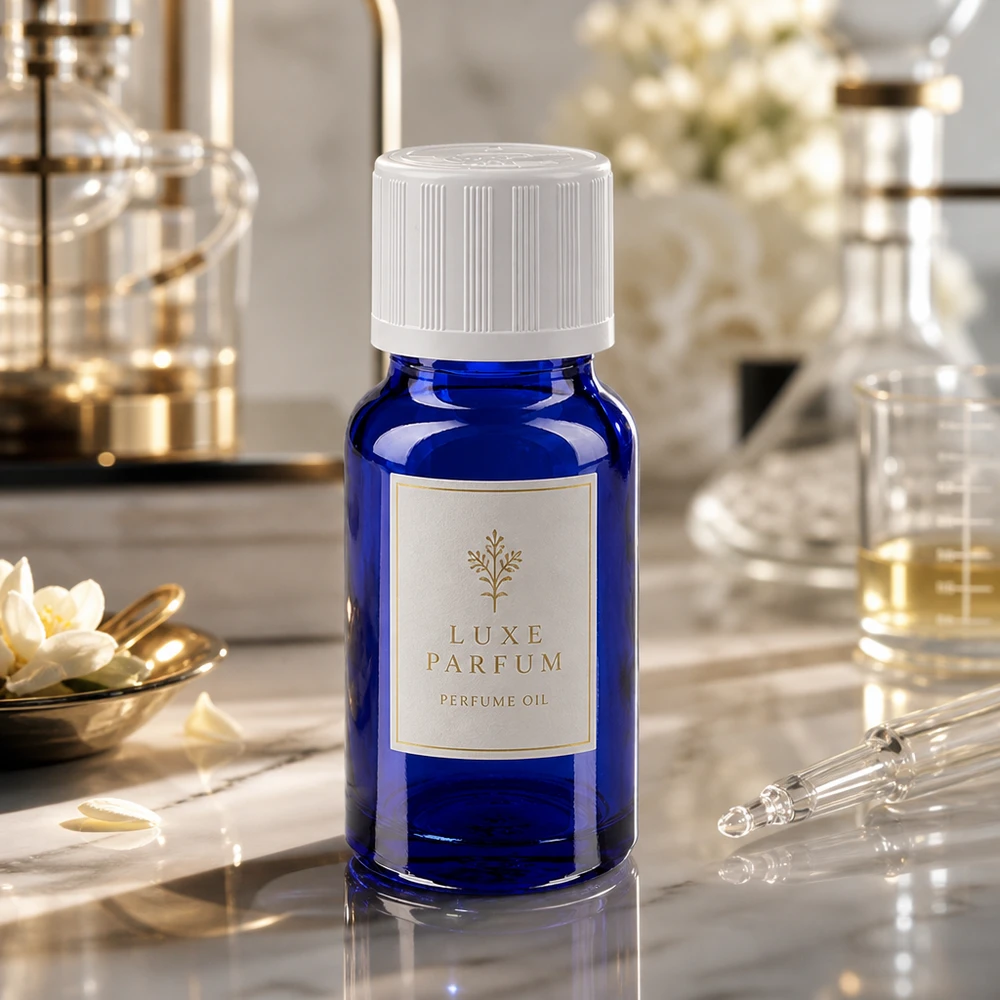 10ml blaue Tropfflasche mit KiSi-Verschluss für ätherische Öle auf goldenem Marmor-Hintergrund