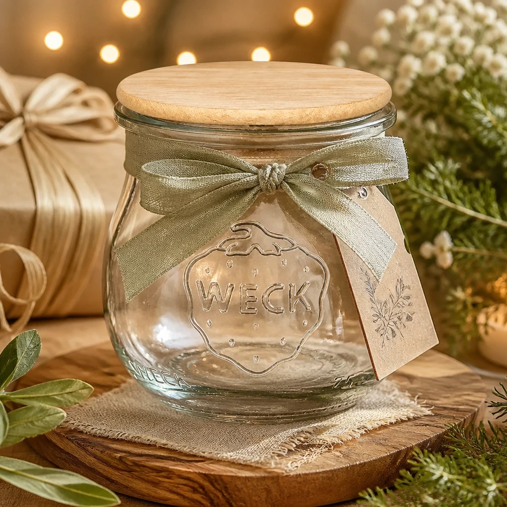 75ml tulipánová sklenice WECK RR40 s dřevěným víčkem WECK Tulpenglas 75ml mit Holzdeckel als Geschenkverpackung dekoriert mit Schleife für Marmelade und Konfitüre