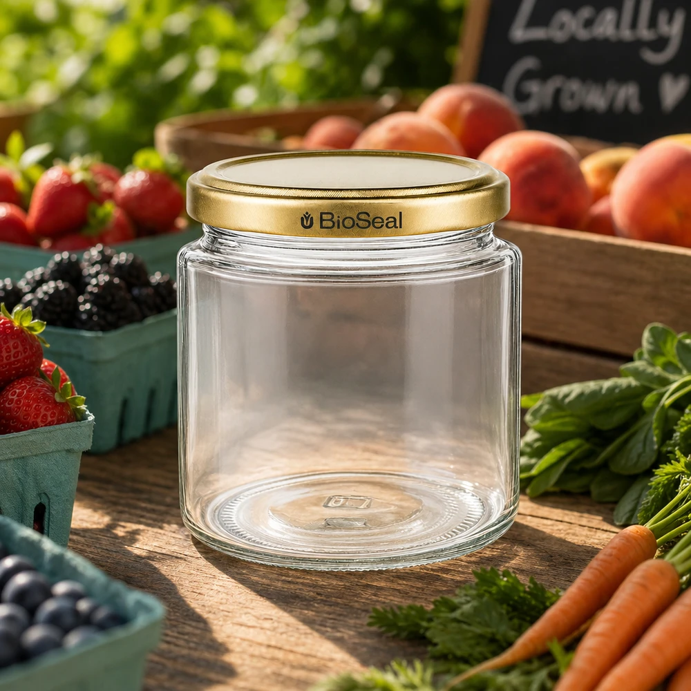 350g Honigglas + BioSeal Deckel gold UNiTWIST BioSeal 250ml Honigglas auf Marktstand mit frischem Obst und Gemüse, goldener UNiTWIST Deckel für Einmachen