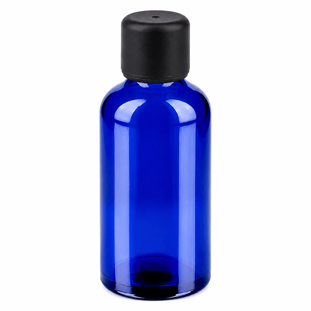 50ml láhev se 6mm šroubovacím uzávěrem černá Standard BlueLine UT18/50 Kompakte 50ml Flasche in elegantem Blau mit praktischem schwarzen Verschluss