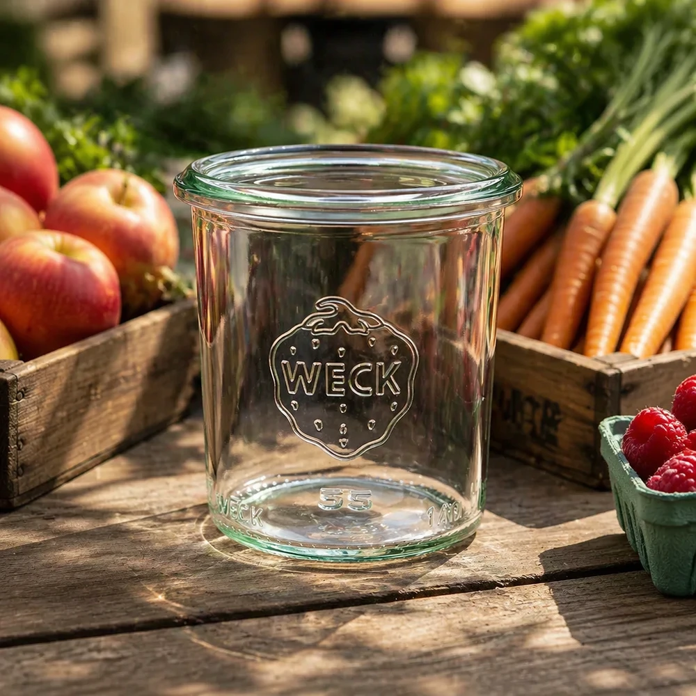 140ml tumbler WECK RR60 s dřevěným dřevem - 140ml tumbler WECK RR60 s dřevěným dřevem. 140ml WECK Sturzglas RR60 Einmachglas auf Holztisch mit frischem Obst und Gemüse im Hintergrund