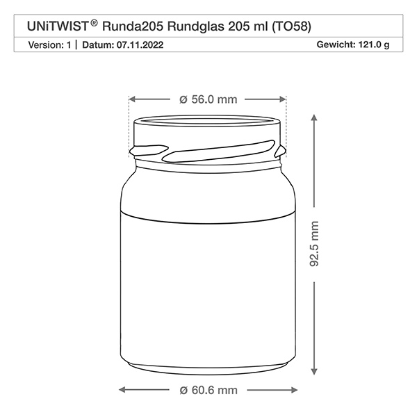 Kulatá sklenice o objemu 205 ml bez víčka (TO58) UNiTWIST Technische Zeichnung UNiTWIST Runda205 Rundglas 205ml TO58 mit Maßangaben Durchmesser 56mm Höhe 92,5mm Gewicht 121g