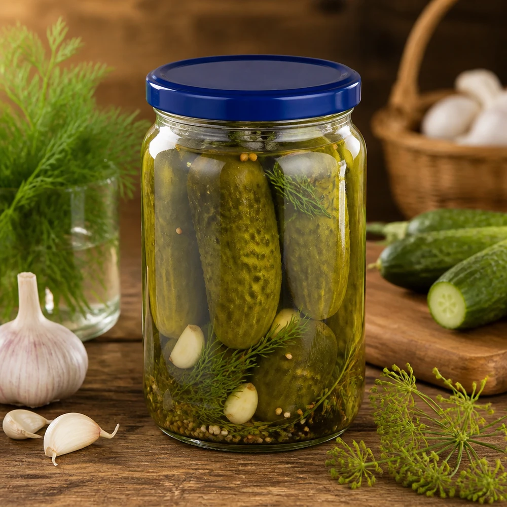 795ml kulatá sklenice + víčko BasicSeal modré UNiTWIST 795ml Rundglas mit blauem UNiTWIST Deckel für eingelegte Gurken mit Dill Knoblauch und Gewürzen perfekt zum Einmachen