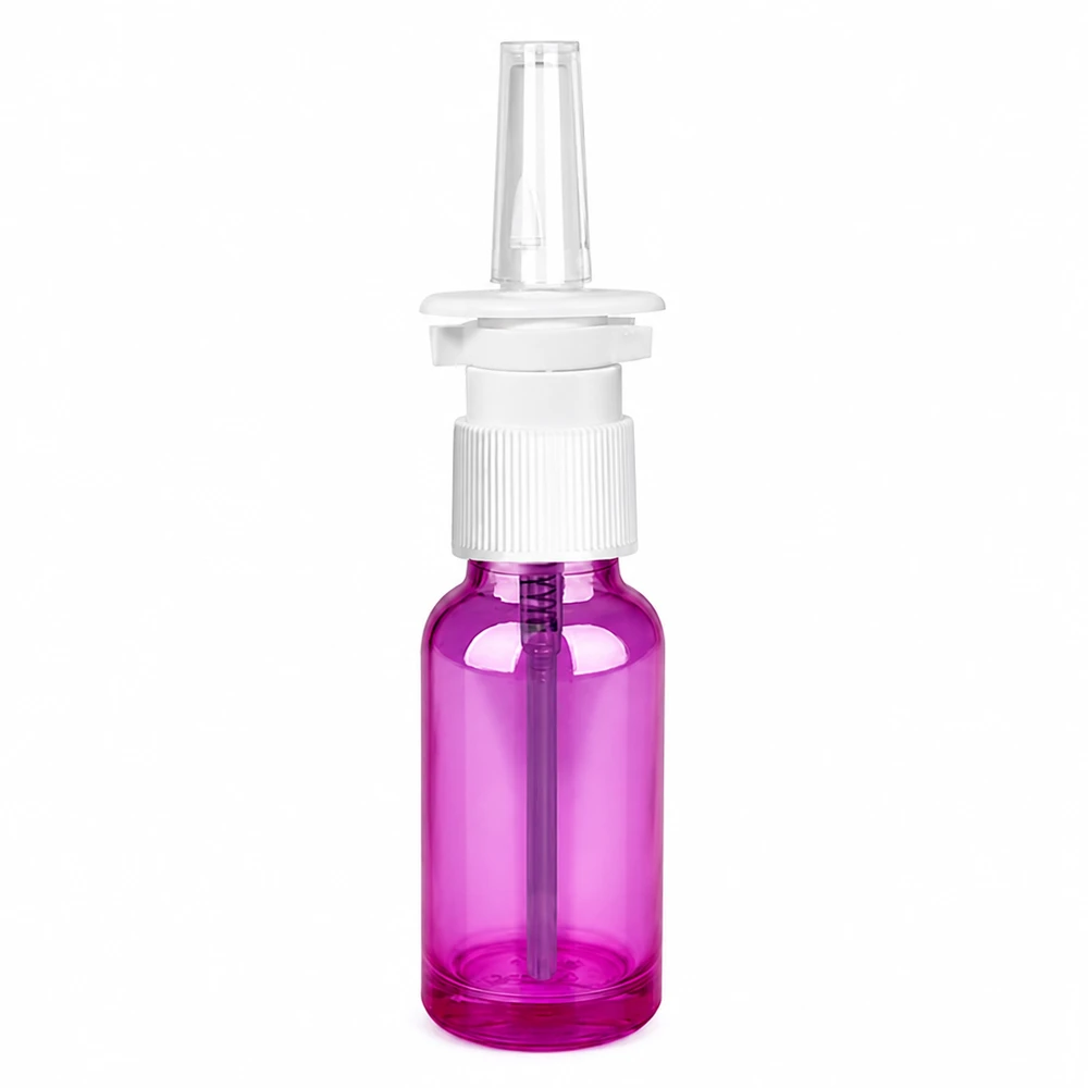 Handliche 20ml Nasensprayflasche mit transparentem Sprühmechanismus in attraktivem Lila-Ton