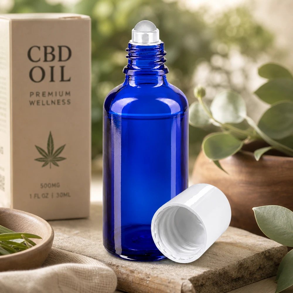 Lékárenská lahvička modrá 50ml roll-on uzávěr bílý Schlanke blaue Apothekerflasche 50ml mit Rollauftrag für gezielte topische Anwendung