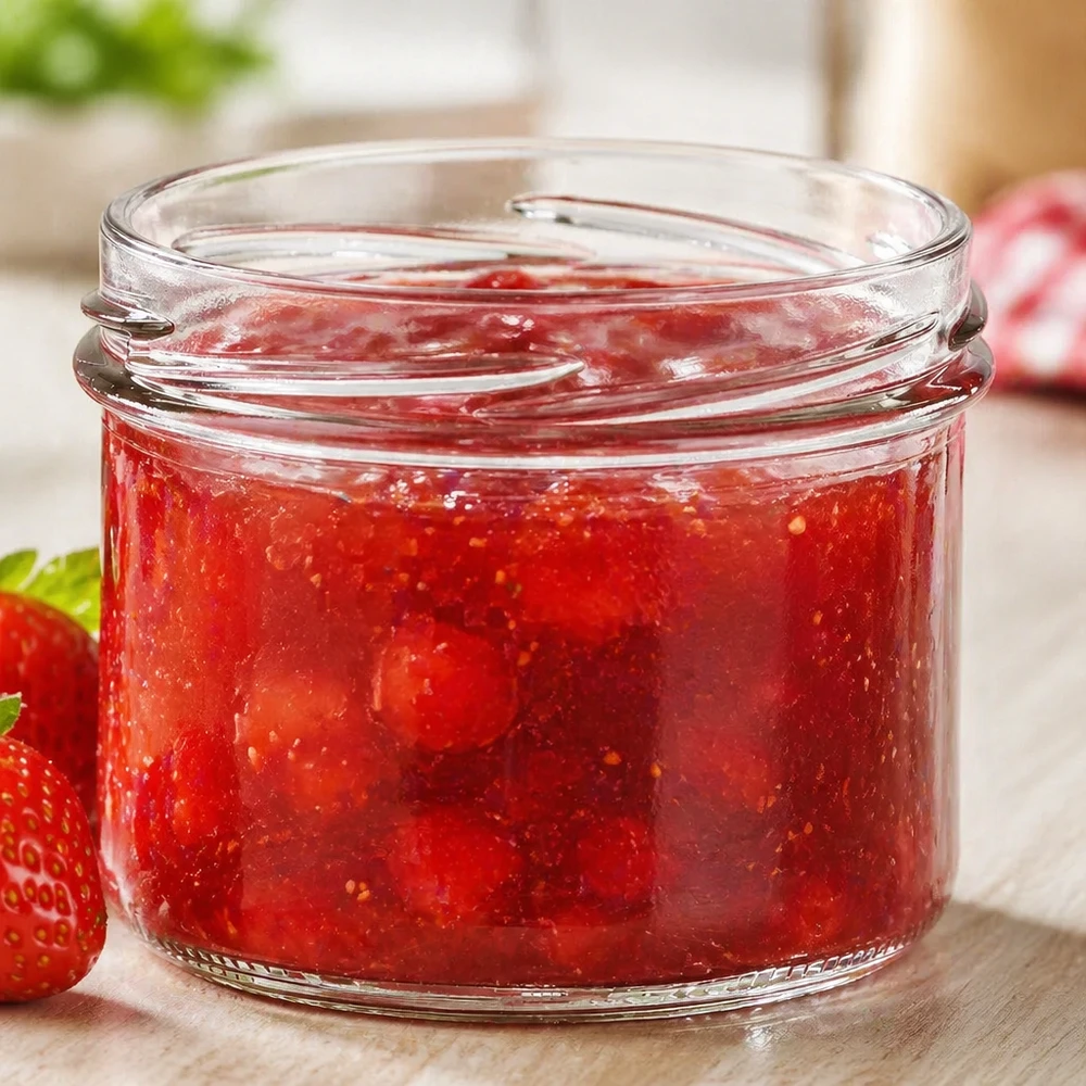 Tumbler 225ml bez víčka (TO82) UNiTWIST UNiTWIST Sturz225 Sturzglas 225ml TO82 mit roter Erdbeermarmelade gefüllt auf Holztisch mit frischen Erdbeeren