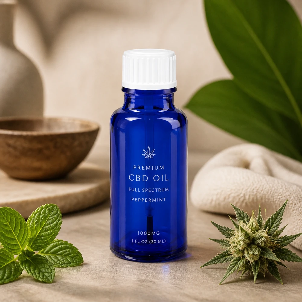 Lékárenská láhev modrá 20ml šroubovací uzávěr bílá štětka Pinselaufsatz Flasche blau 20ml ApoGlas mit Naturkräutern auf Steinoberfläche arrangiert