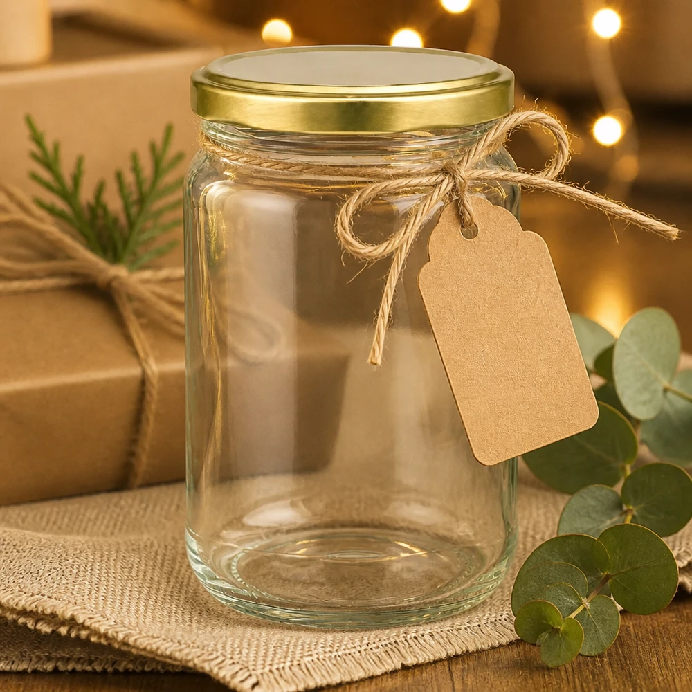305ml kulatá sklenice s víčkem BasicSeal zlatá UNiTWIST 305ml Rundglas UNiTWIST gold mit Geschenkanhänger - leeres Einweckglas dekorativ präsentiert für Geschenkideen