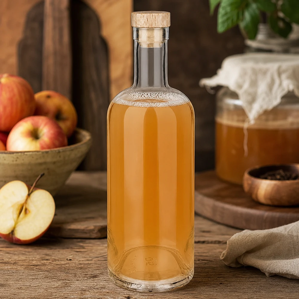750ml Glasflasche "Attila" mit Holzgriffkorken UNiTWIST® 750ml Glasflasche Emma mit Holzkorken gefüllt mit Apfelsaft inmitten herbstlicher Apfel-Deko auf rustikalem Holztisch