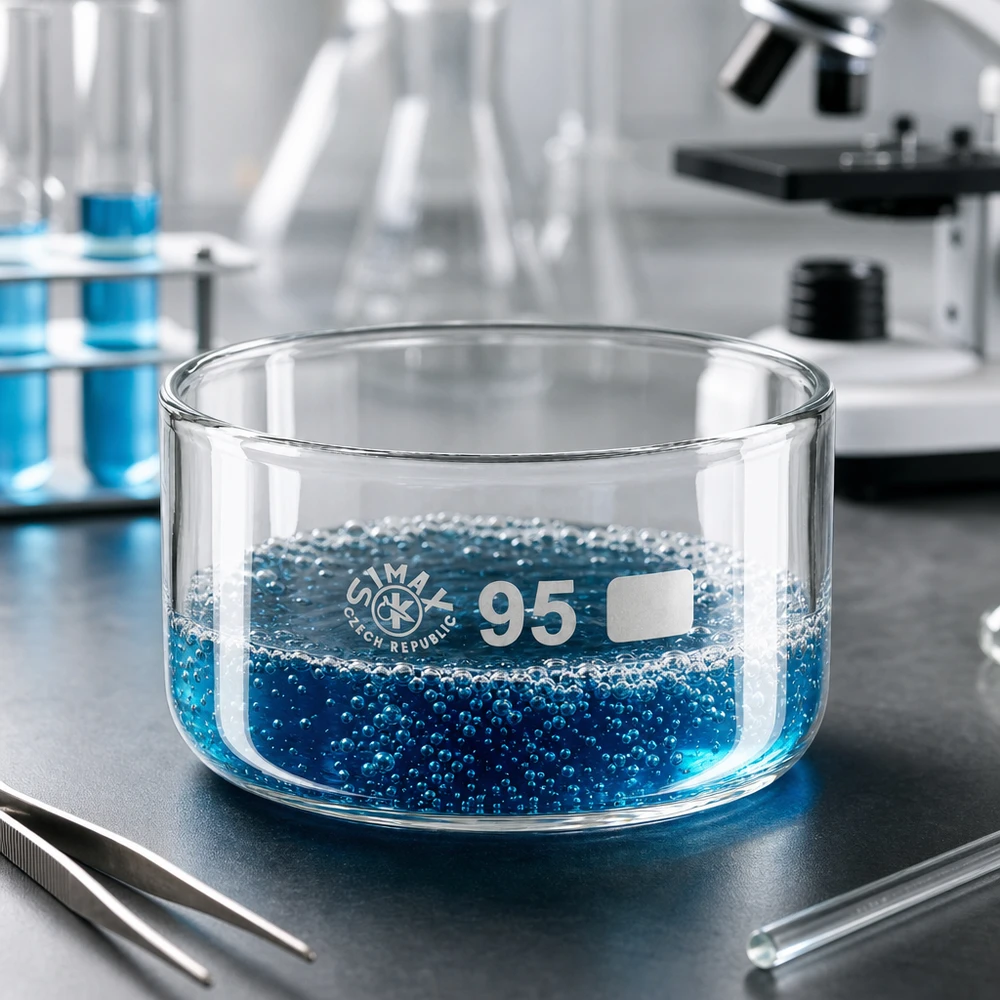 Borosilikatglas Schale 300ml Laborexperiment blaue Perlen Mikroskop Erlenmeyer im Hintergrund