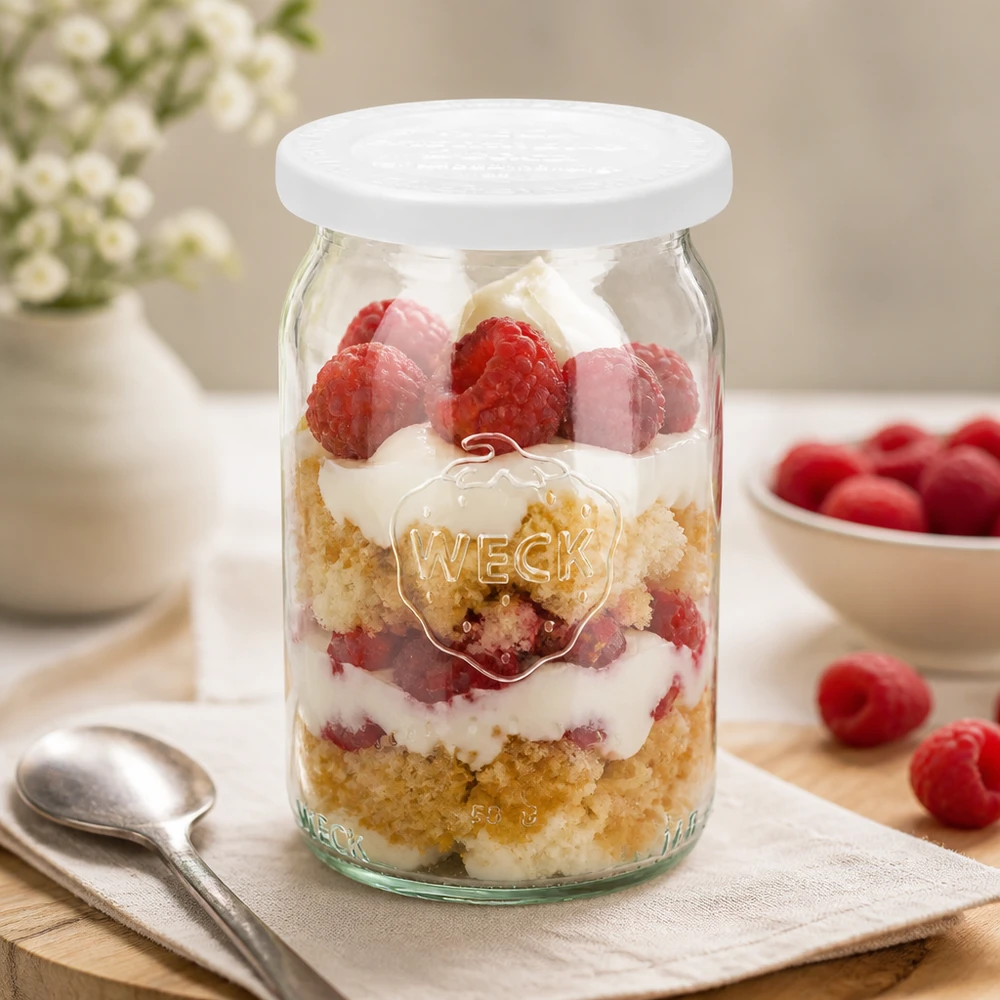 Válcová sklenice o objemu 145 ml s víčkem pro zajištění čerstvosti. WECK RR40 WECK RR40 Zylinderglas 145ml mit Schichtdessert aus Himbeeren und Sahne als Frühstücksglas auf hellem Untergrund