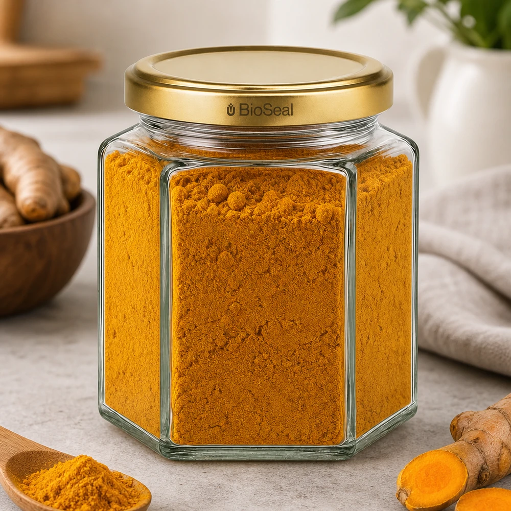 UNiTWIST Hexa390 Gewürzglas mit goldenem BioSeal Deckel befüllt mit Kurkuma Pulver neben frischen Ingwerwurzeln