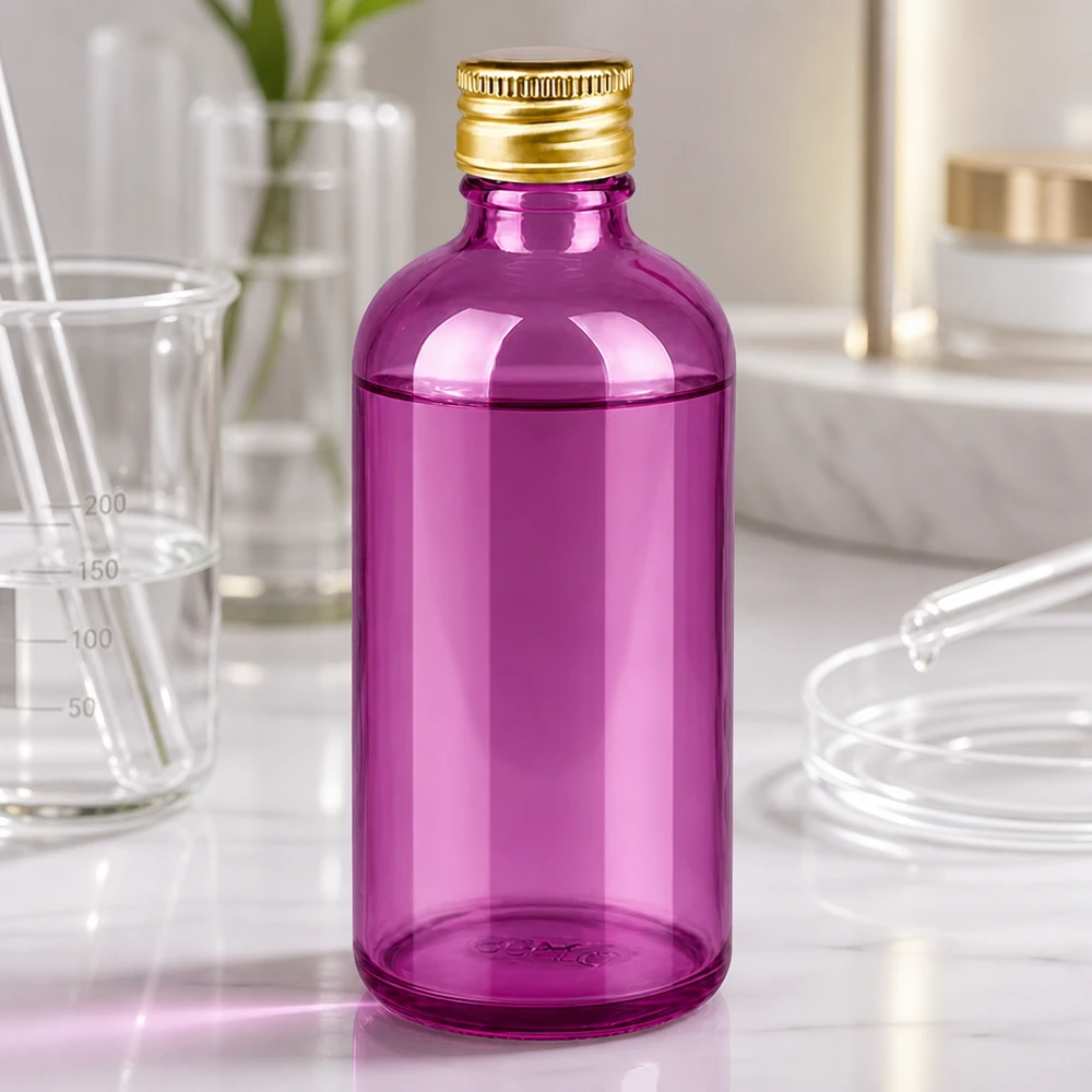 PurpleLine 100ml lahvička 11mm šroubovací uzávěr hliníkový zlatý standard. UT18/100 Violette Glasflasche 100ml mit wiederverwendbarem Schraubdeckel für nachhaltige Kosmetikverpackung