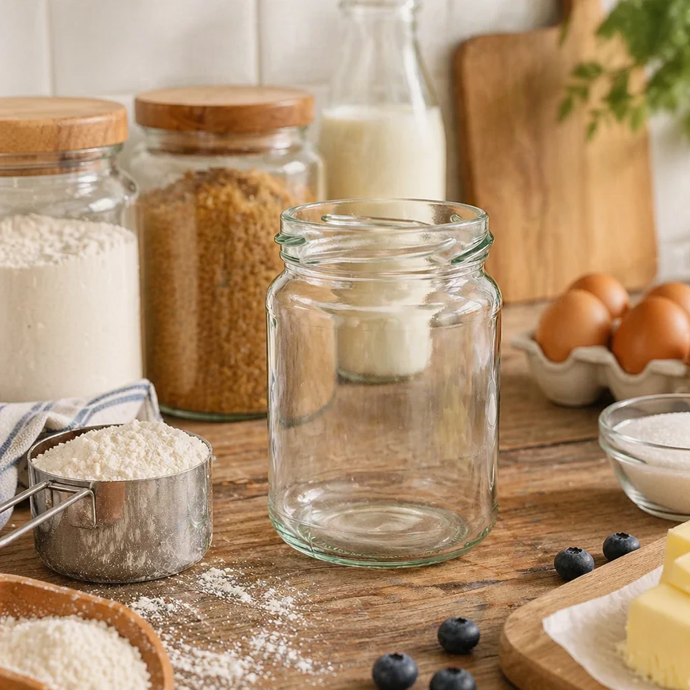Kulatá sklenice o objemu 205 ml bez víčka (TO58) UNiTWIST UNiTWIST Runda205 Rundglas 205ml TO58 Einmachglas leer auf Holzbrett mit Küchenutensilien und Zutaten
