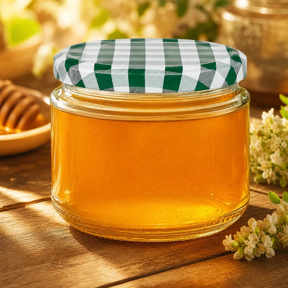 330ml kulatá sklenice + víčko BasicSeal zelené/bílé UNiTWIST 330ml Rundglas mit Honig gefüllt, grün-weißer BasicSeal Deckel, Honigglas auf Holztisch mit Blumen dekoriert