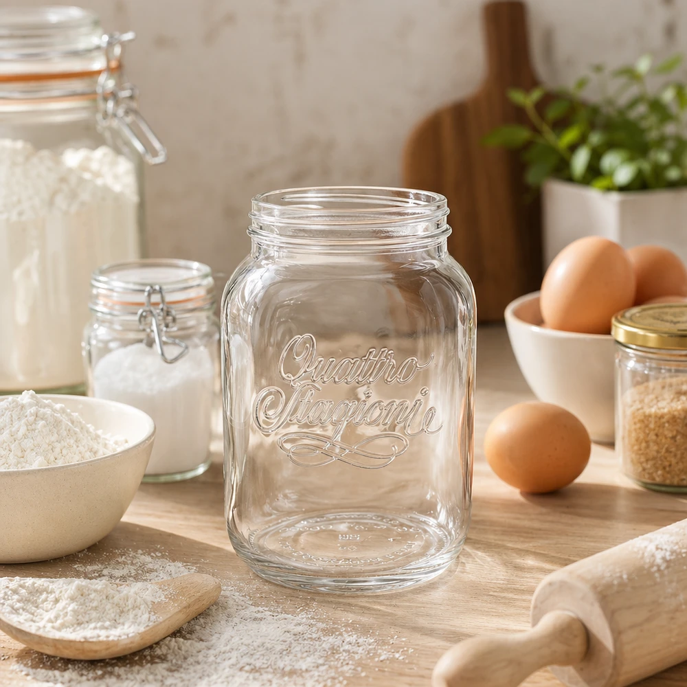 Quattro Stagioni Haushaltsglas 3000ml transparent auf Holztisch mit Küchenutensilien Eiern und Mehl