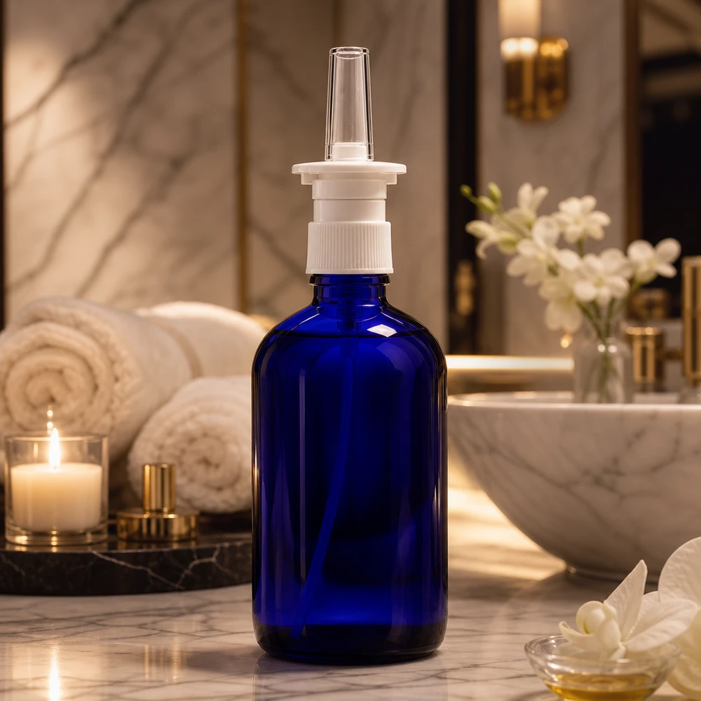 Blaue Glasflasche 100ml für Nasenspray mit weißem Pumpverschluss und langer Applikationsdüse
