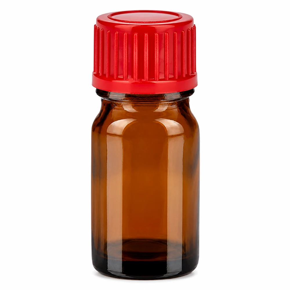 5ml lahvička 11mm šroubovací uzávěr červená Standard BrownLine UT18/5 Professionelle 5ml Laborflasche 11mm Gewinde braun mit rotem Standardverschluss