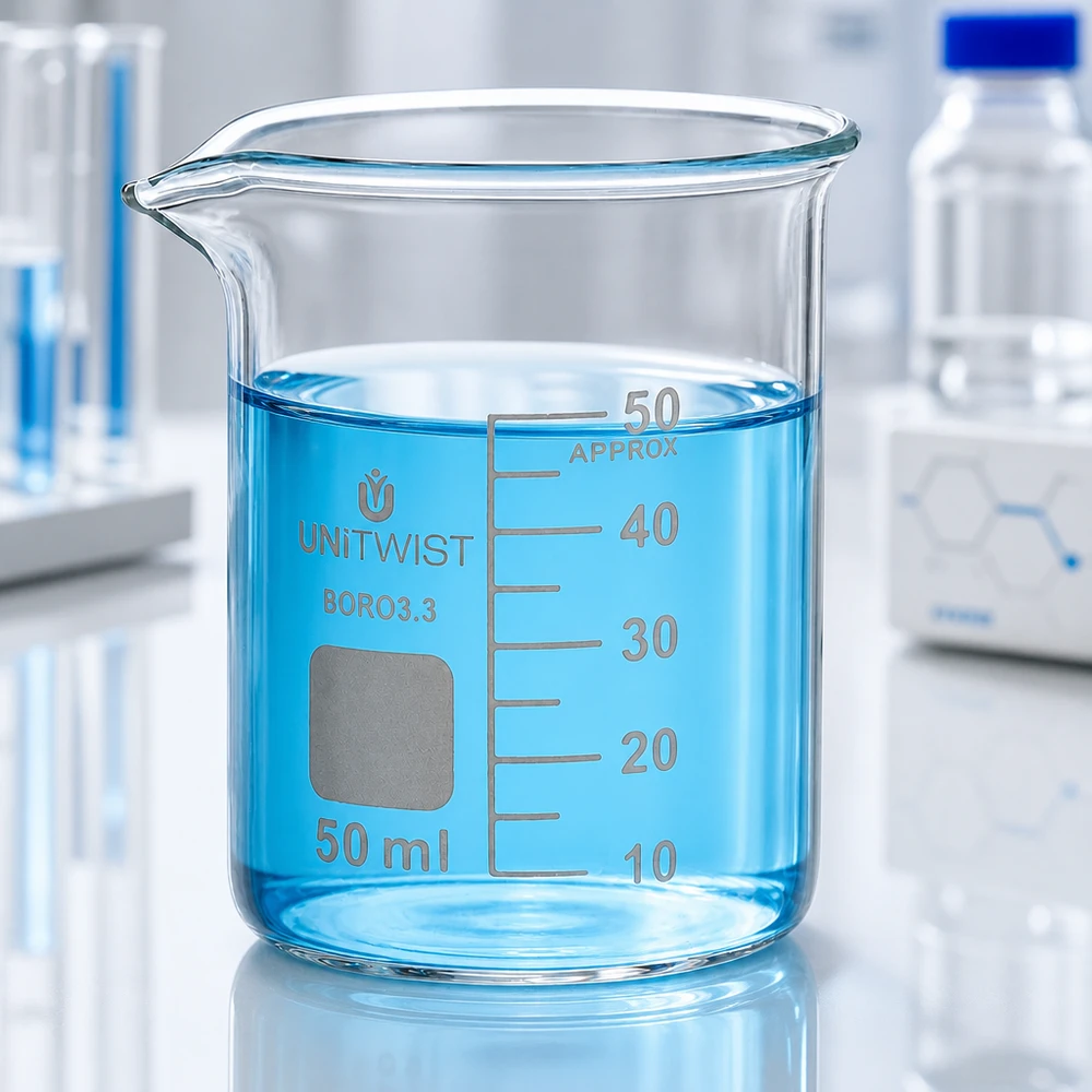 Kádinka 50ml borosilikátová, nízká forma UNiTWIST Stabiles 50ml Laborbecherglas UNiTWIST niedrige Form mit verstärktem Rand und Skalierung