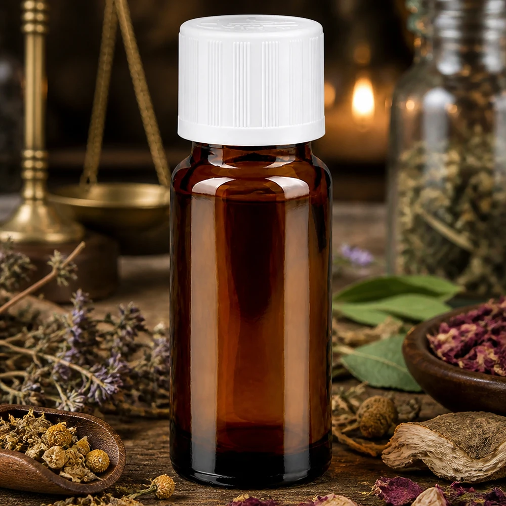 Braune Glasflasche 10ml mit weißem Sicherheitsverschluss in apothekentypischer Kräuterumgebung