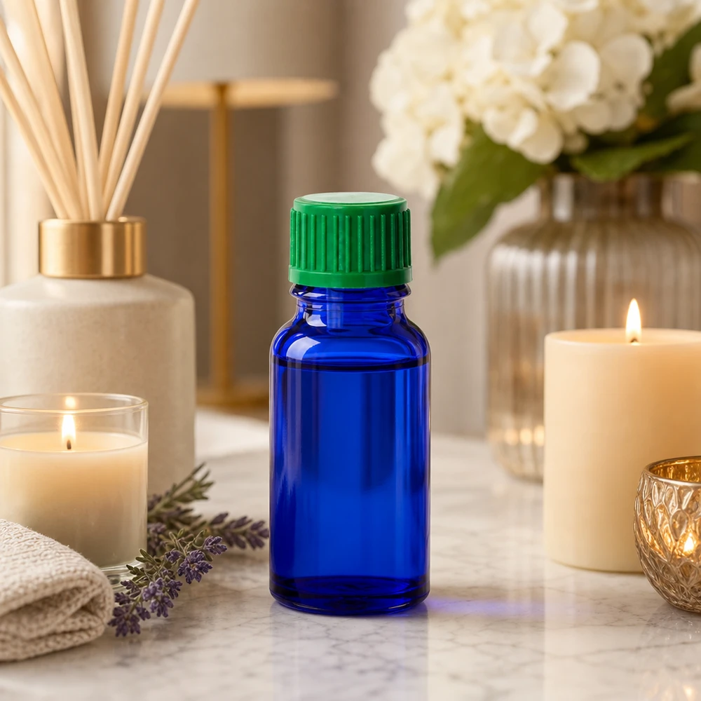 Hygienische blaue 10ml Tropfflasche mit lebensmittelechtem grünem Verschluss