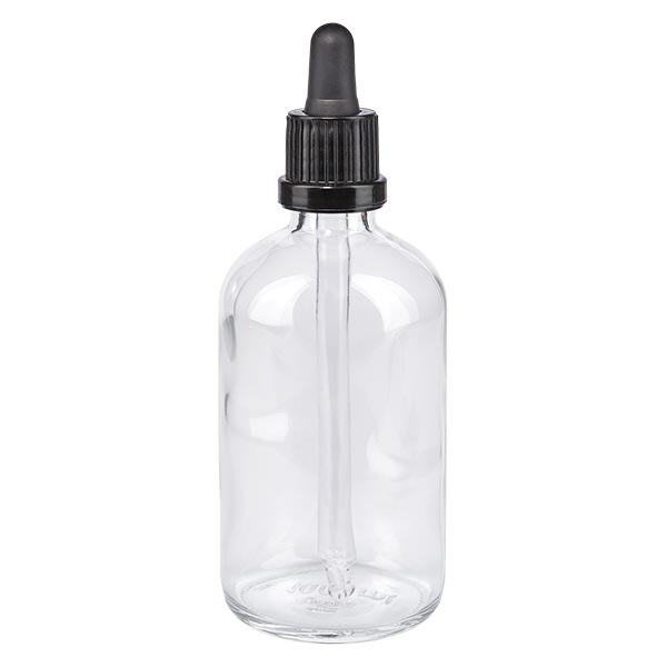 Lékárenská láhev čirá 100ml pipeta černá s uzávěrem proti neoprávněné manipulaci. Lékárenská láhev čirá 100ml pipeta černá s uzávěrem proti neoprávněné manipulaci.