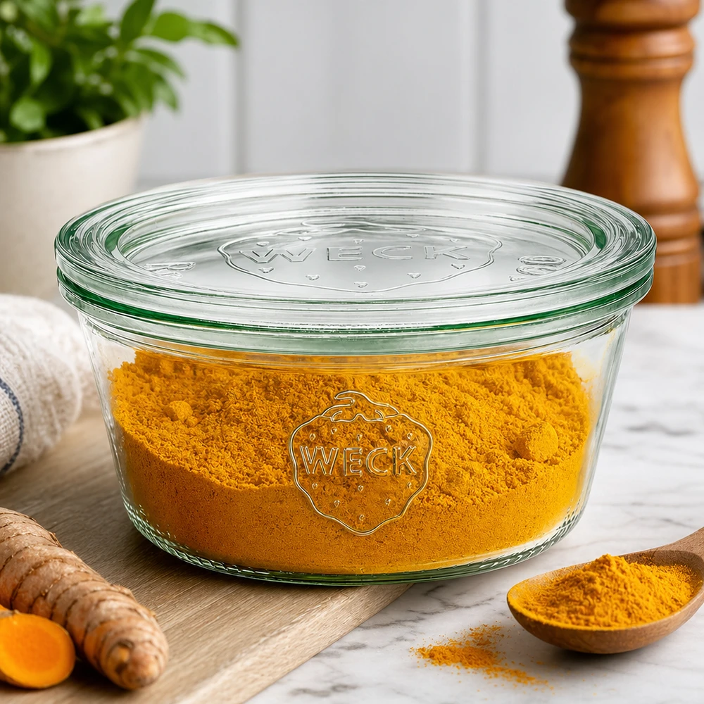 290ml nízká zavařovací sklenice WECK RR100 se skleněným víčkem - dřevěné víčko. WECK Sturzglas 290ml RR100 mit Kurkumapulver befüllt als Gewürzdose neben frischer Kurkumawurzel und Holzlöffel