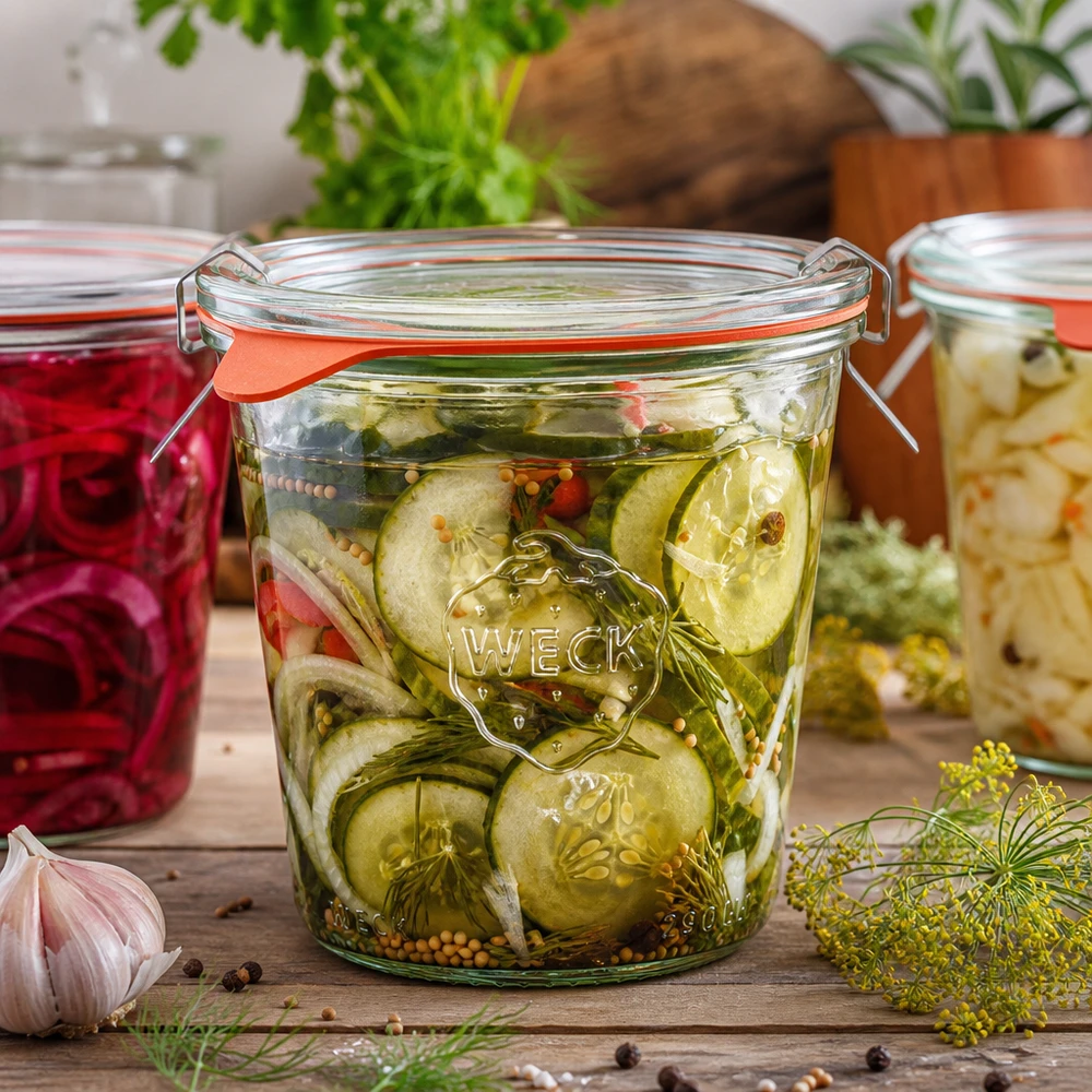 WECK Sturzglas 290ml RR80 mit eingelegten Gurken und Gewürzen neben anderen Einmachgläsern auf Holzoberfläche