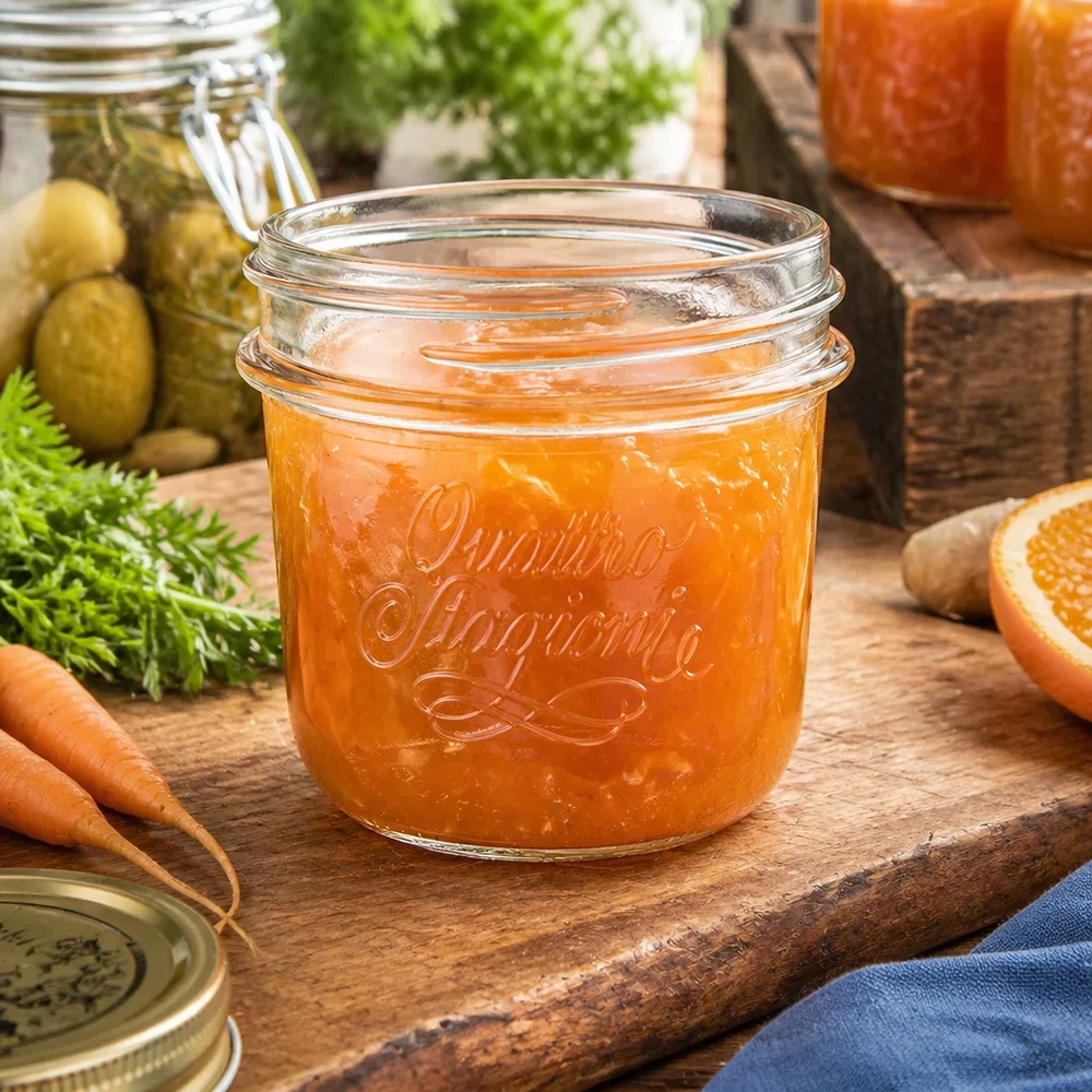 200ml Quattro Stagioni Einmachglas mit orangener Marmelade auf Holzbrett neben Karotten und Gurken