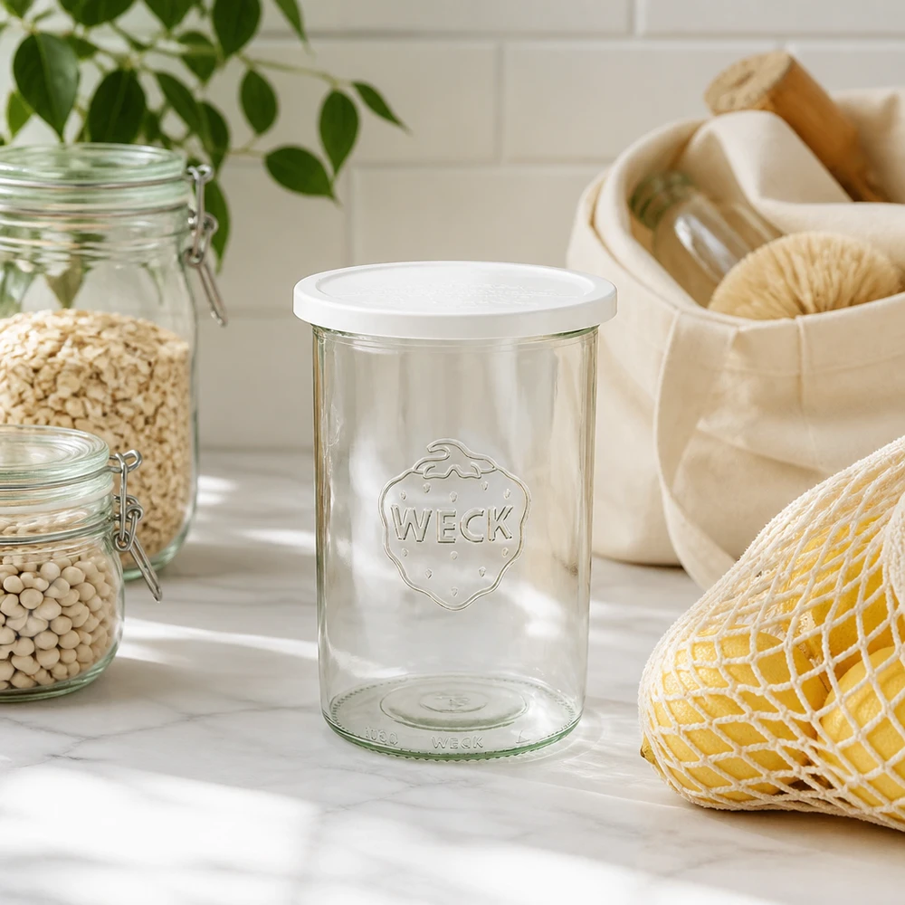 Skleněná nádoba o objemu 1000 ml s víčkem WECK RR100 WECK Sturzglas 1000ml RR100 in natürlicher Küchenumgebung mit nachhaltigen Aufbewahrungsutensilien und Pflanzen