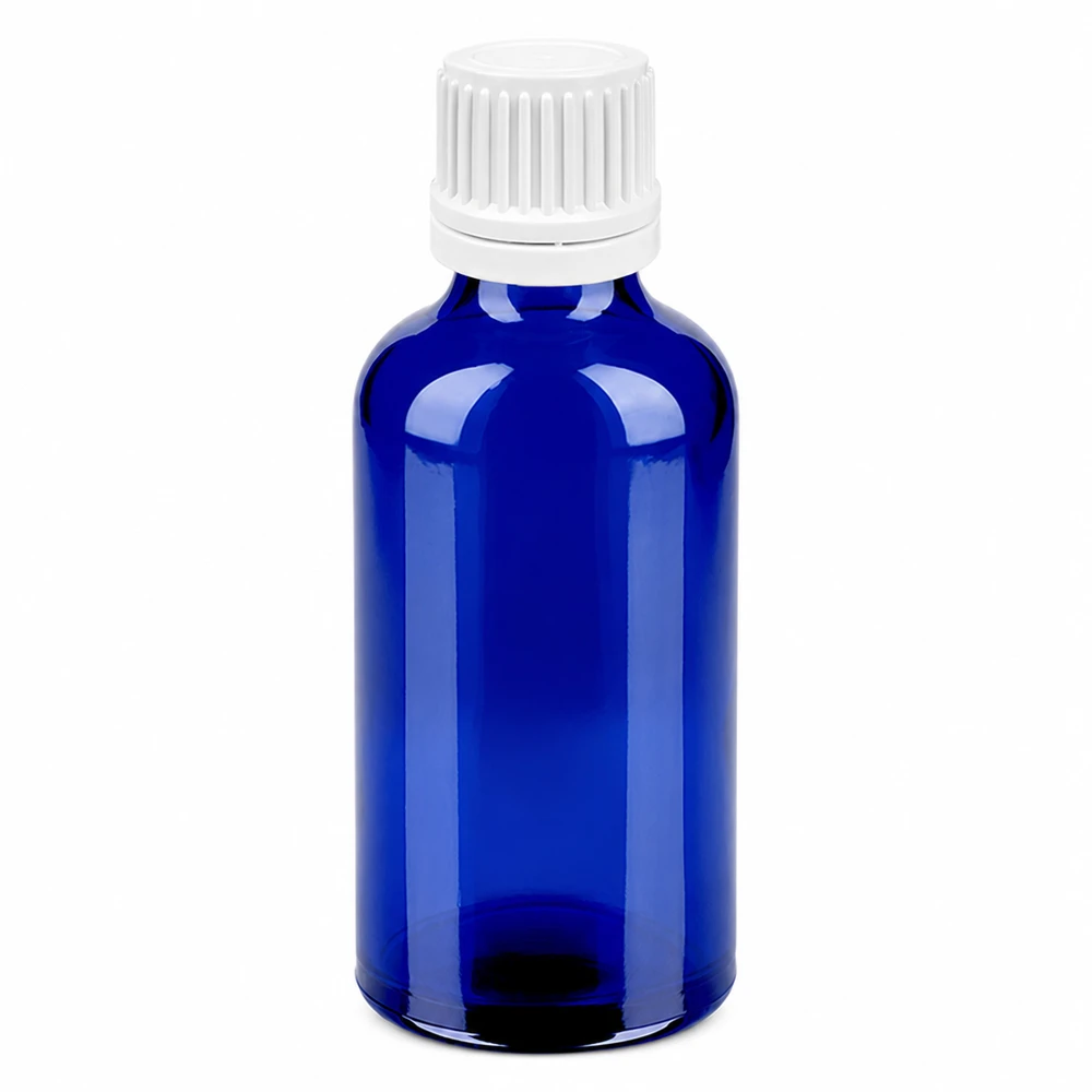 50ml lahvička s kapátkem 0,7 mm bílá s uzávěrem proti neoprávněné manipulaci BlueLine UT18/50. Kobaltblaue Glasflasche 50ml mit weißem Tropfaufsatz 0,7mm für Aromatherapie BlueLine UT18