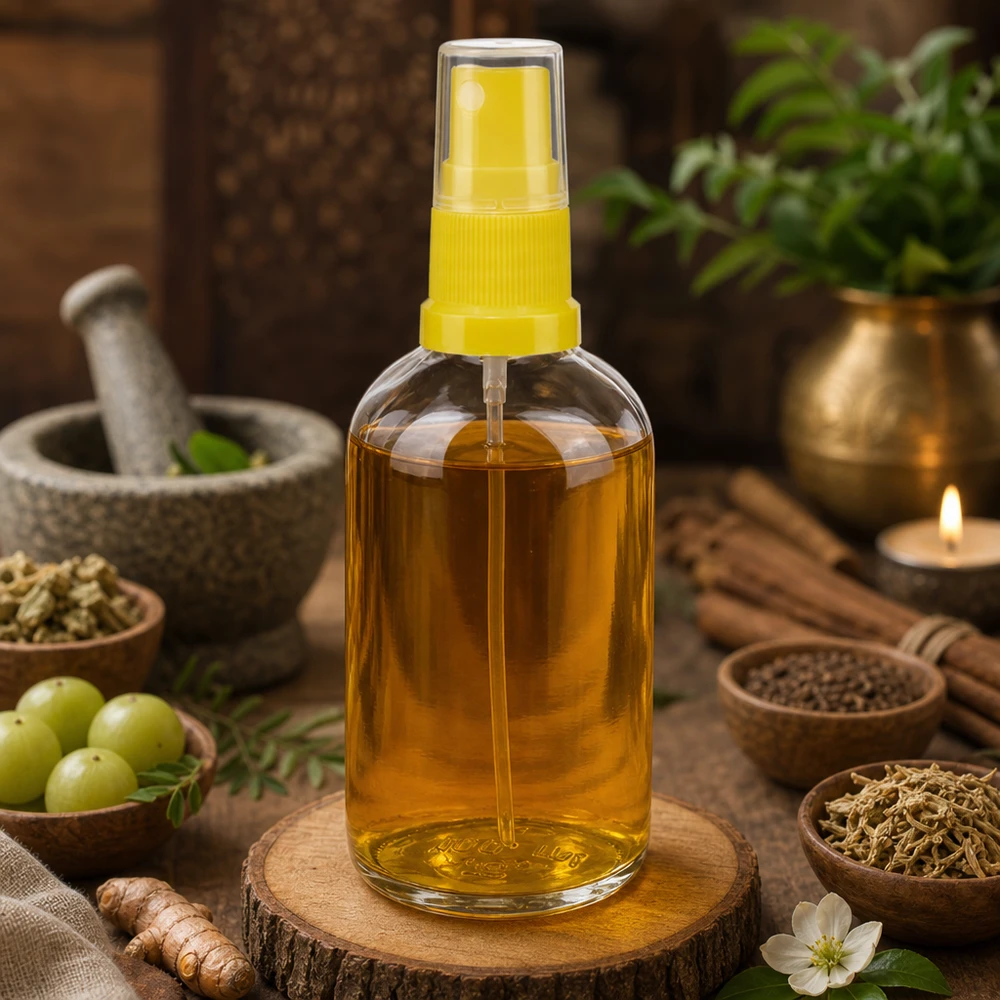 100ml láhev s rozprašovačem žlutá/průhledná standardní uzávěr ClearLine UT18/100 Naturkosmetik Sprühflasche 100ml transparent gelber Kopf neben Mörser und Kerze