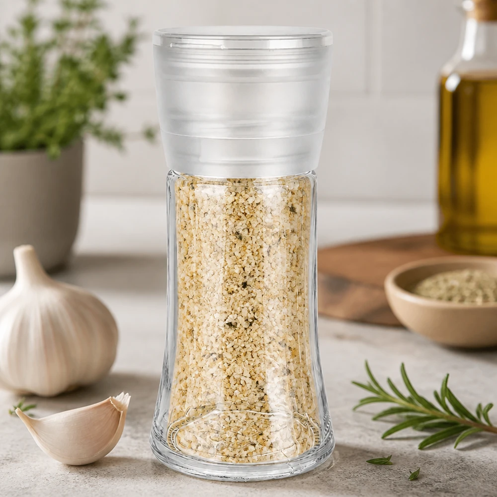 Sklenice na sůl/koření 95 ml s mlýnkem Vario bílá Nachfüllbare Salzmühle 95ml Vario mit grobkörnigem Würzsalz in modernem Küchenambiente