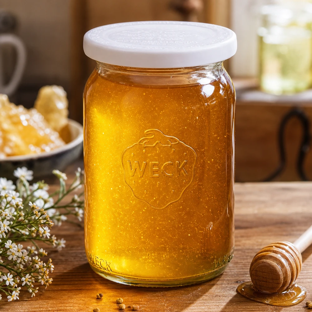 WECK Zylinderglas 145ml RR40 mit Honig gefüllt auf Holzbrett mit Honiglöffel und Kamille-Blüten dekoriert