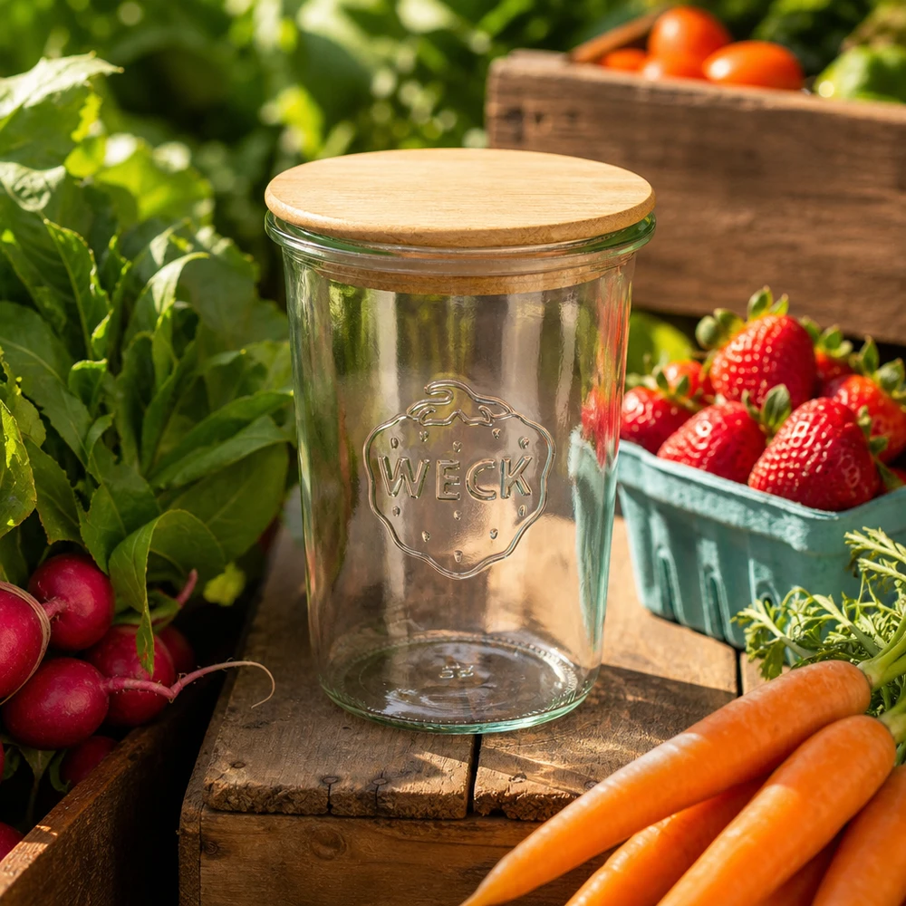 850ml tumblery WECK RR100 s dřevěným víčkem buchta WECK Vorratsglas 850ml RR100 Holzdeckel Gartenszenerie frisches Gemüse Karotten Radieschen Erdbeeren Tomaten