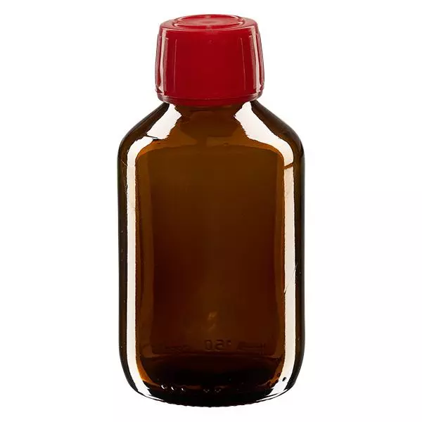 150ml lahvička na léky hnědá, červený uzávěr s tamper-evidentním kroužkem ApoGlas