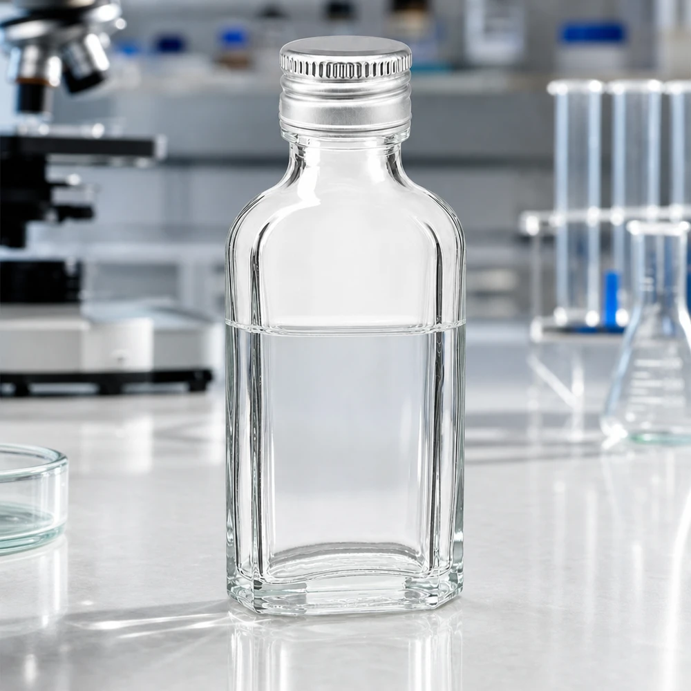 Miniatur Glasfläschchen Meplat 50ml klar mit silberfarbenem Alu Schraubverschluss PP22 Seitenansicht