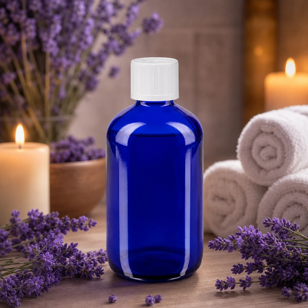 Lékárenská láhev modrá 100ml kapátko uzávěr bílý dětský bezpečnostní standard. Dunkelblaue 100ml Dropper-Flasche aus Apothekerglas mit UV-Schutz für Naturkosmetik