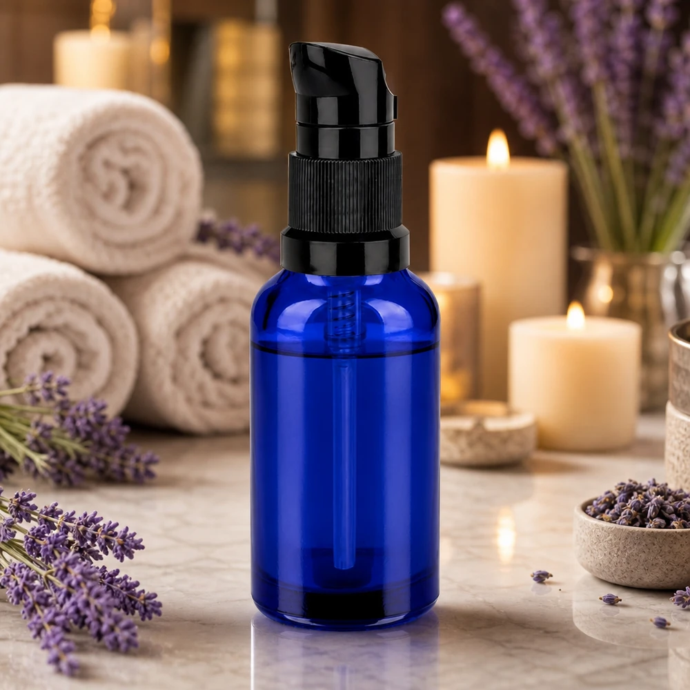 30ml lahvička s pumpičkou černá standardní uzávěr BlueLine UT18/30 Blaue STD BlueLine Flasche 30ml mit schwarzem Dispenser für präzise Produktabgabe