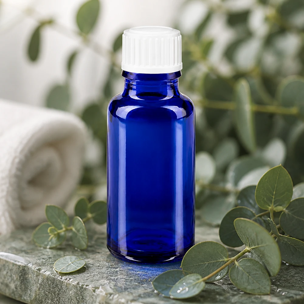 Lékárenská láhev modrá 20ml šroubovací uzávěr bílý standardní Kompakte 20ml Apothekerflasche kobaltblau mit weißem 11mm Verschluss für Kosmetikprodukte