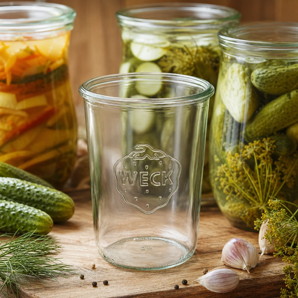 850ml tumble jar WECK RR100 s dřevěným dřevem. Leeres 850ml WECK Sturzglas RR100 vor eingelegten Gurken und Gemüse in gefüllten Weckgläsern auf Holzuntergrund