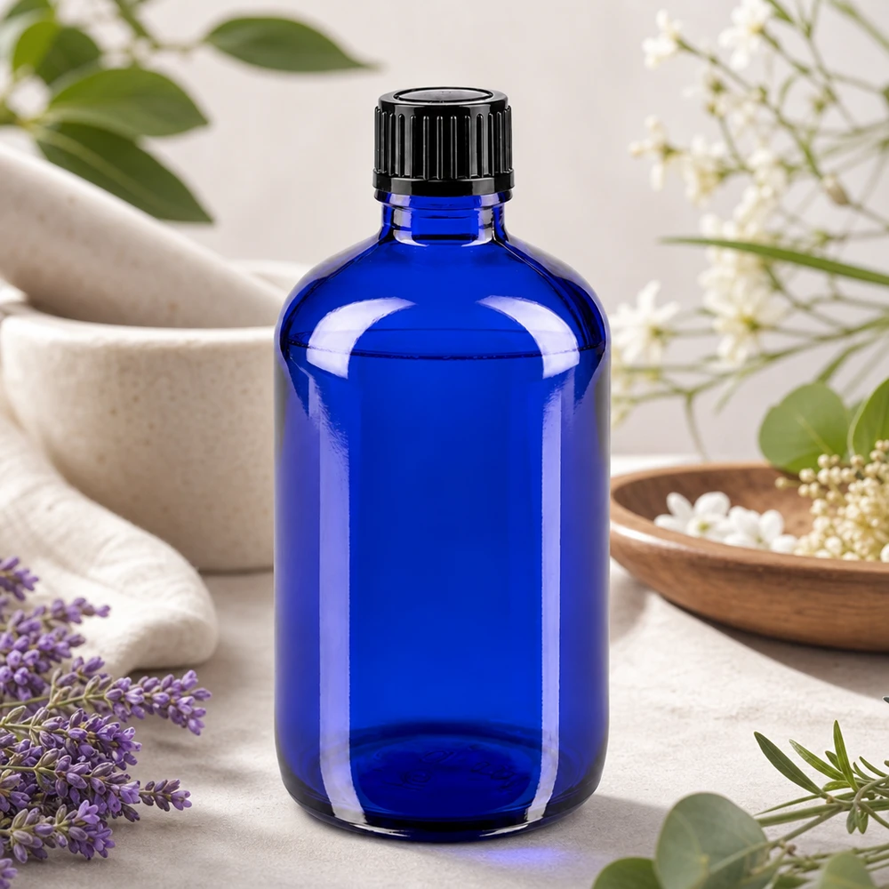 Pharmazeutische Glasflasche 100ml in Blau mit 11mm Standardverschluss schwarz