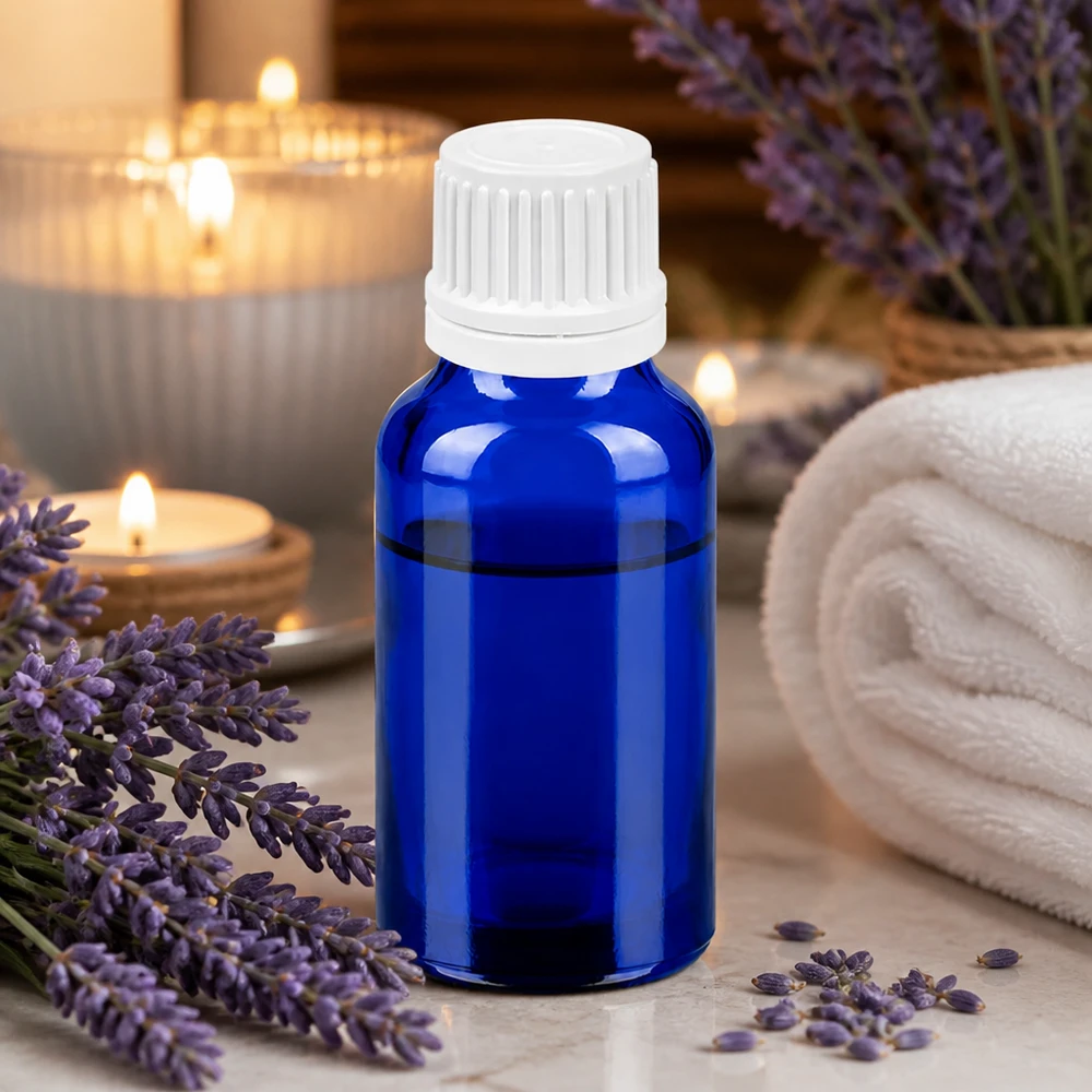 20ml láhev 11mm šroubovací uzávěr bílý s bezpečnostním uzávěrem BlueLine UT18/20 20ml Flasche aus lichtschützendem blauen Glas mit auslaufsicherem weißem Verschlusssystem