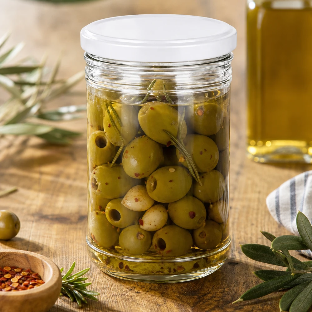 1053ml Sturzglas mit Oliven gefüllt zeigt Mediterranean Verwendung BasicSeal Deckel weiß Vorratsglas für Antipasti